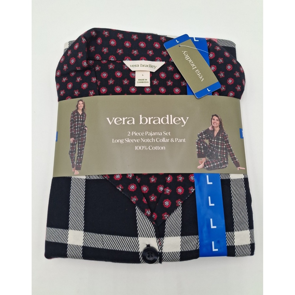 Vera Bradley Pajama Set 2 Piece Plaid Button Down Red Black Cotton Women Large